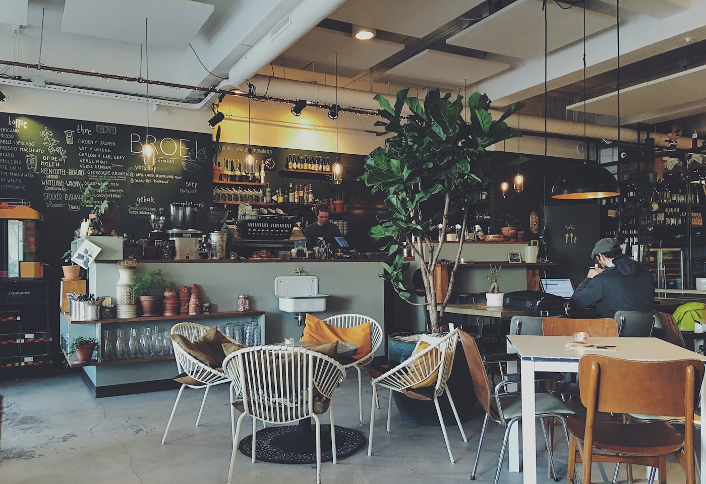 Barista working the espresso bar of a plant-filled cafe