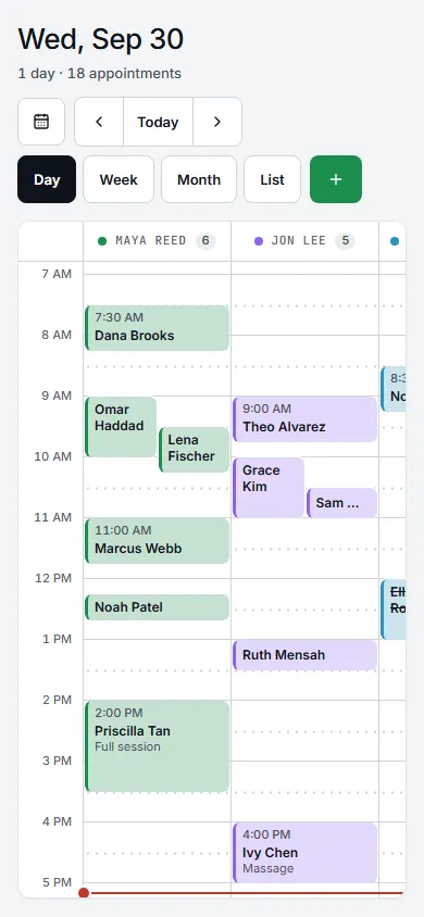 The Batch calendar on a phone screen, for a fictional business, Harbor & Pine: a day of appointments across providers.
