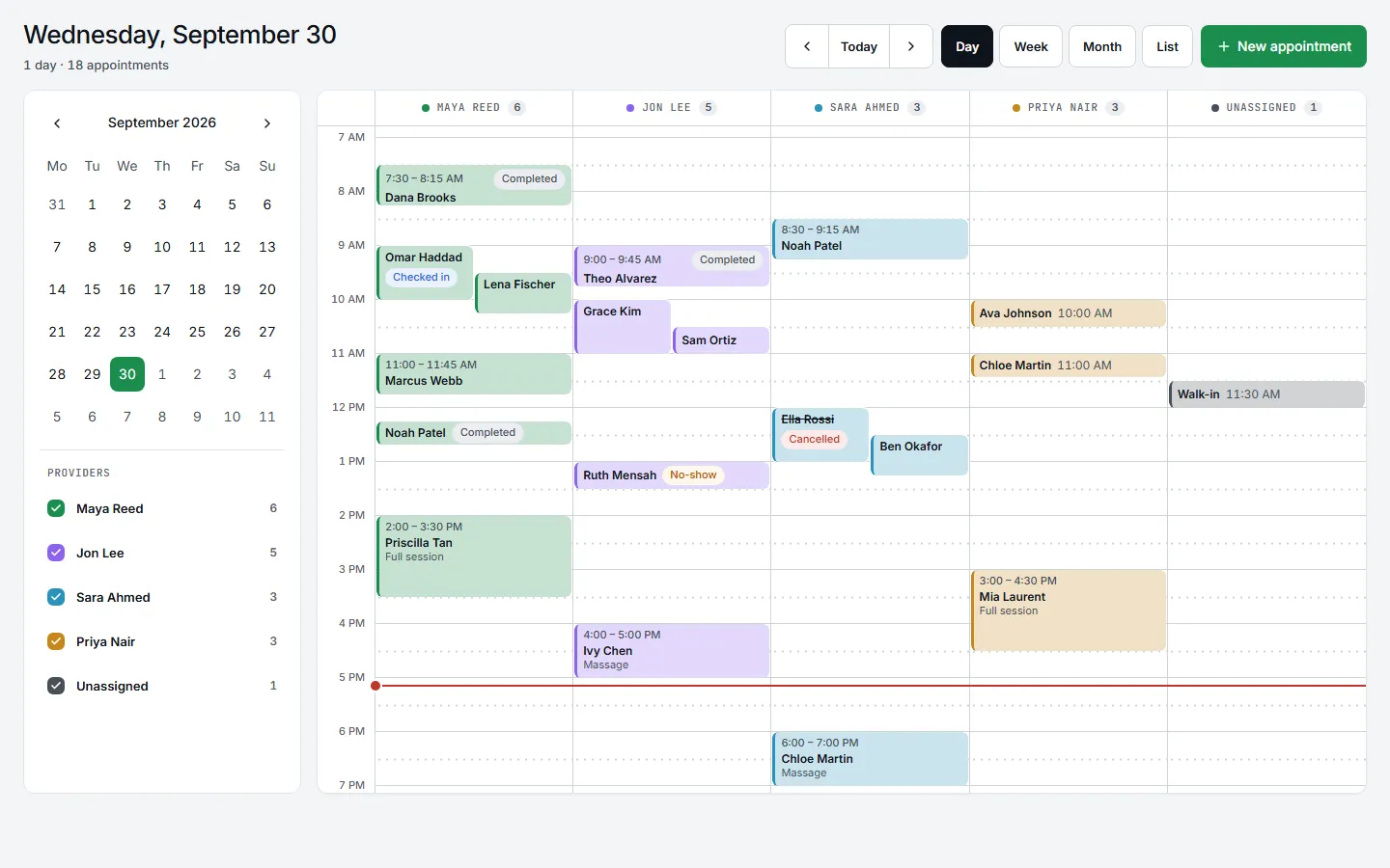 The Batch calendar: a day of appointments across providers.