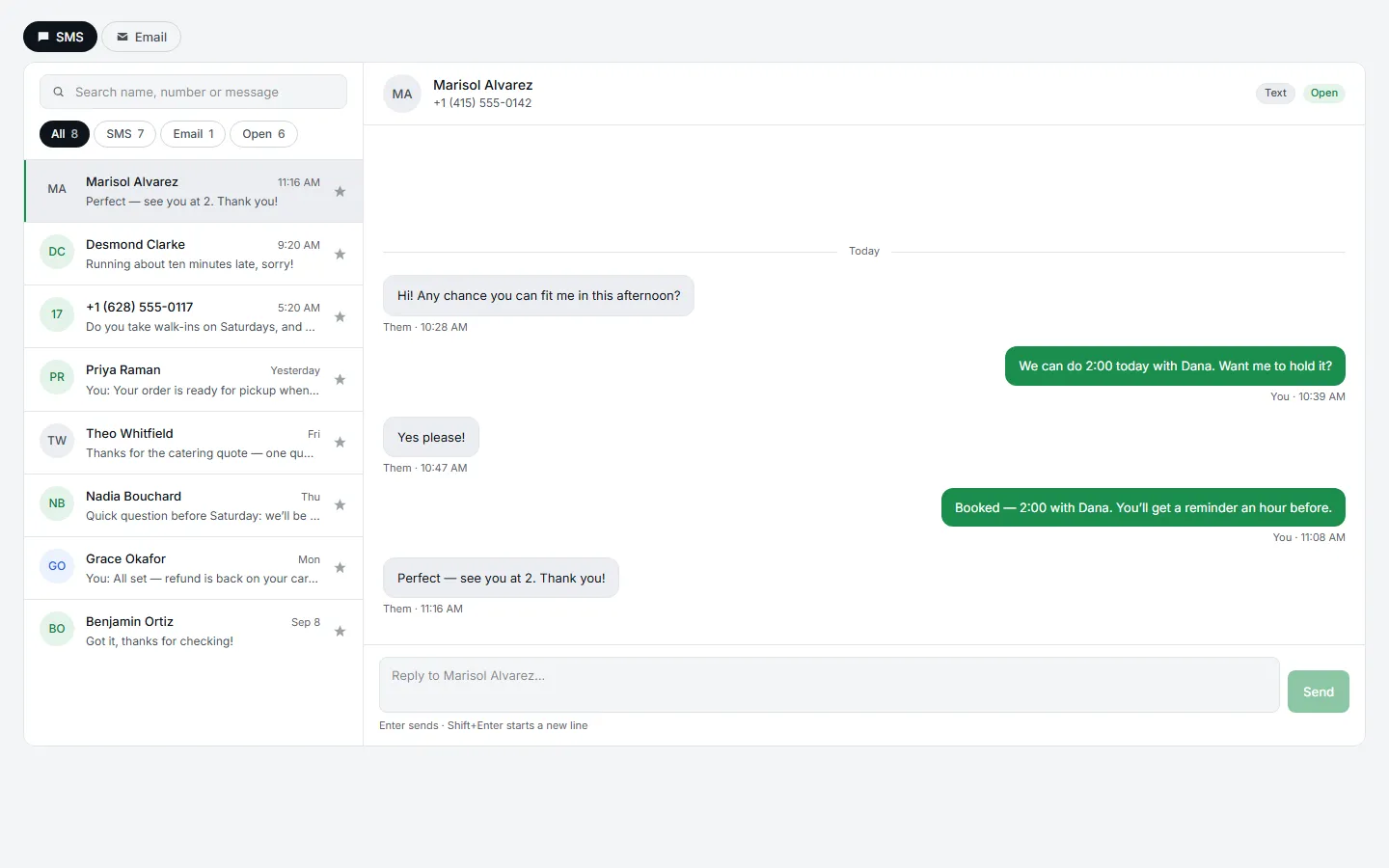 The Batch inbox: text conversations with customers.