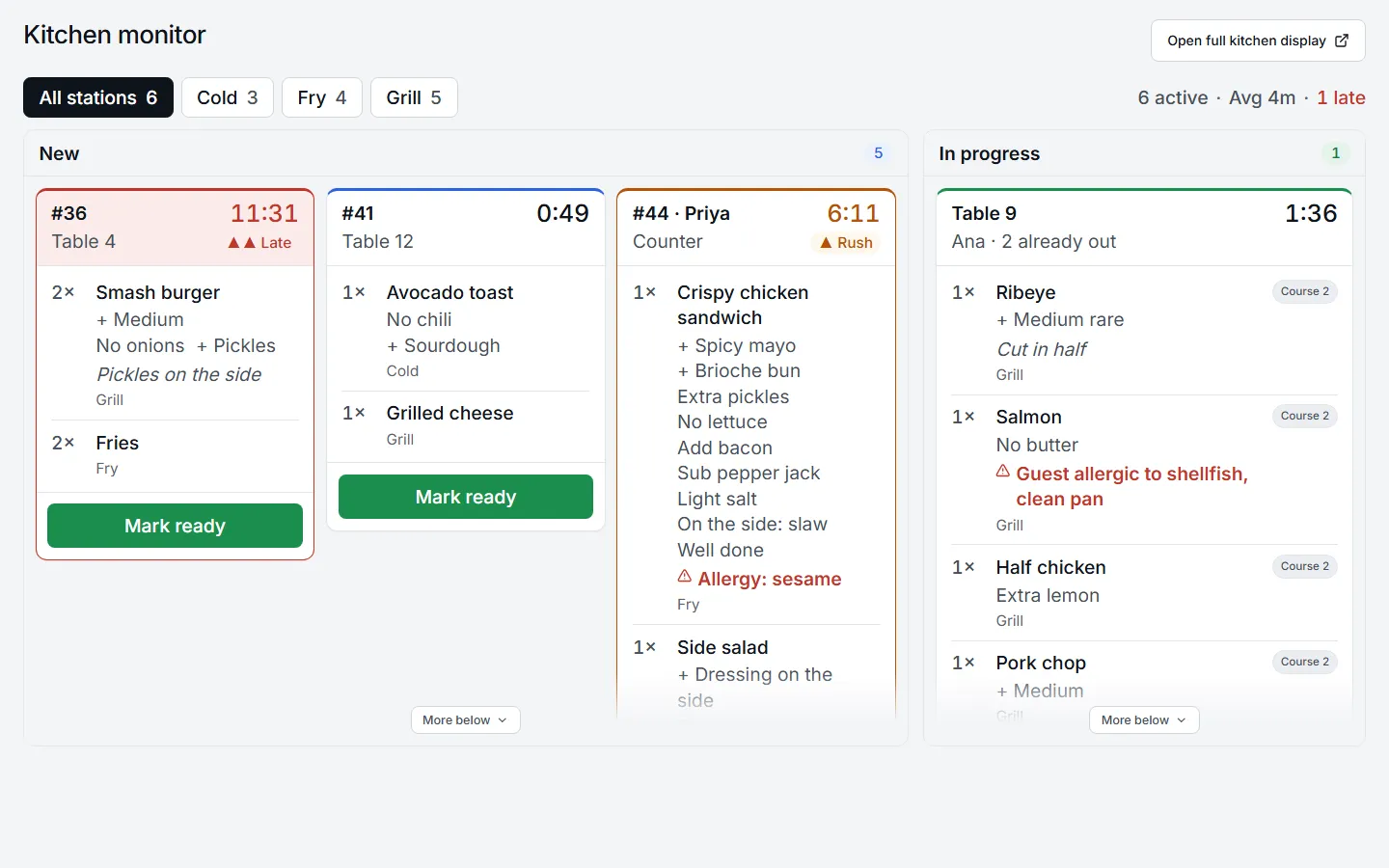 The Batch kitchen monitor: new and in-progress tickets by station.