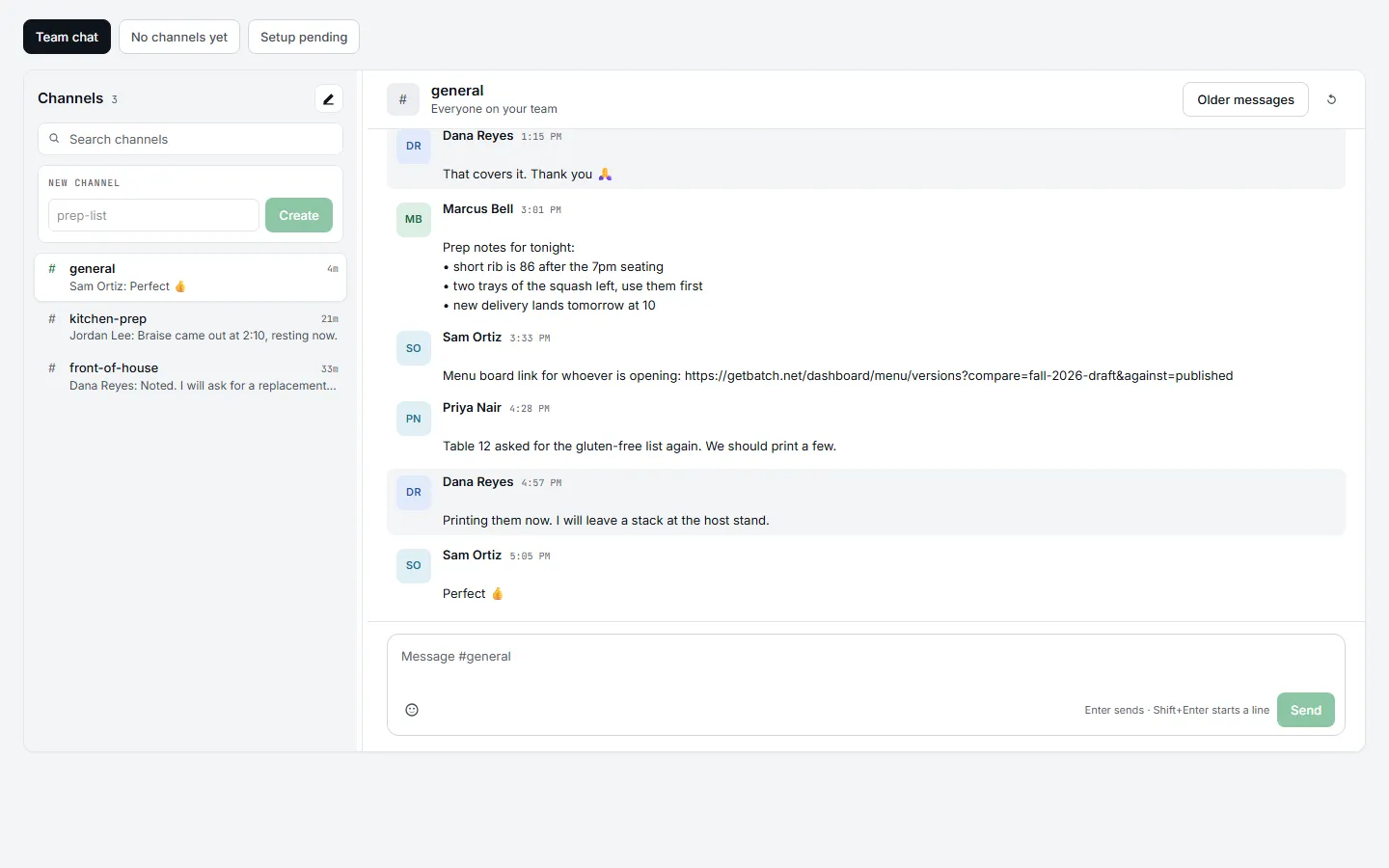 Batch team chat: channels and messages between staff.